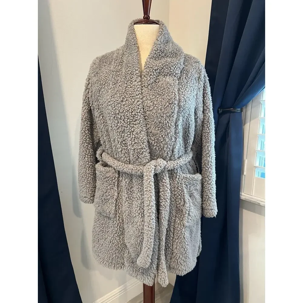 NATORIE Josie Plush Thigh Length Robe-Small-Pockets-Tie Closure-Gray-Soft-Lounge